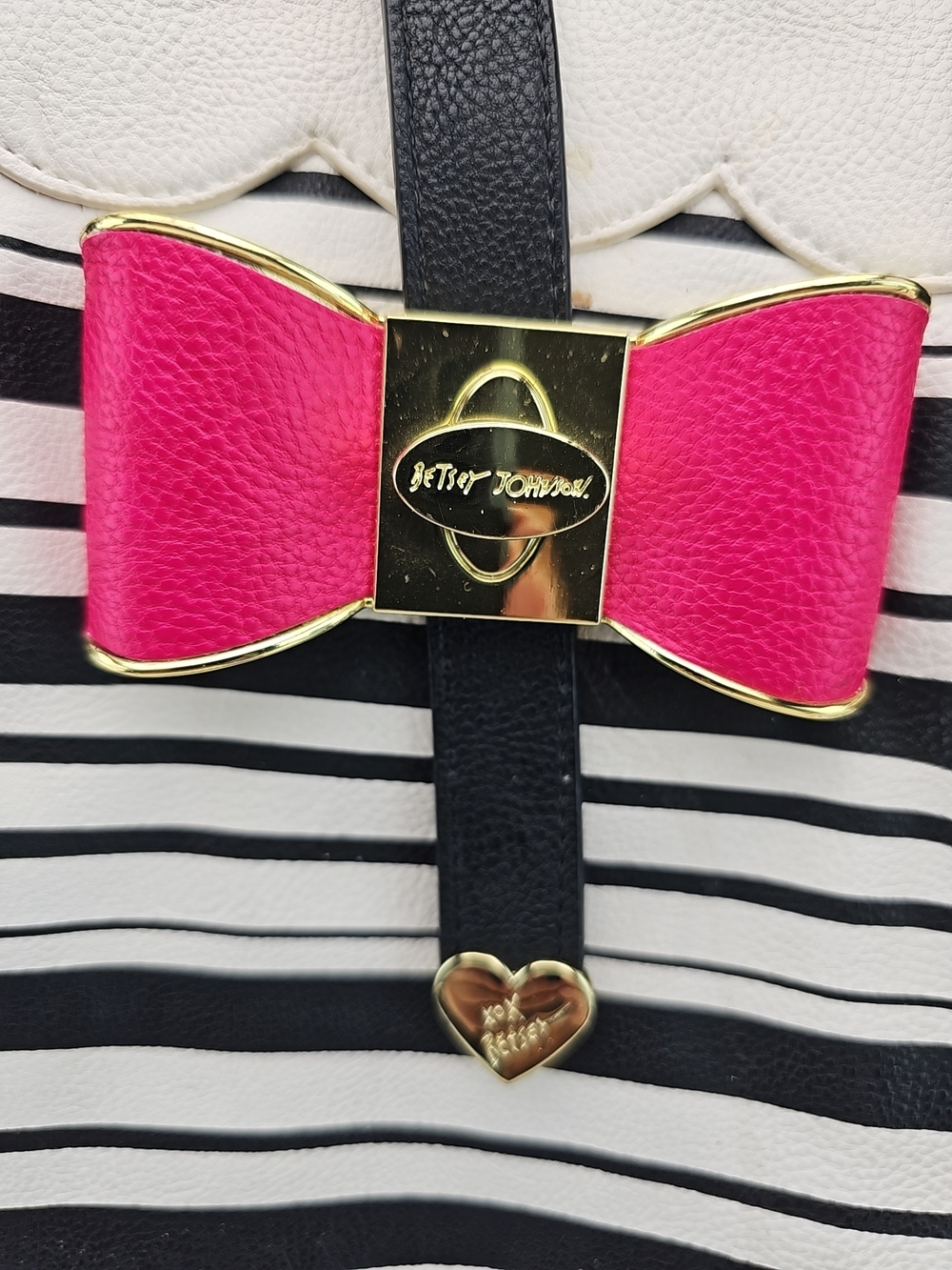 Betsey Johnson Black & White Striped Tote with Pink Bow - Picture 2 of 10